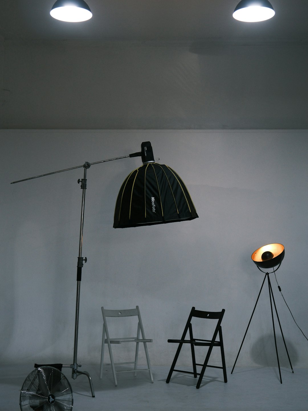 Professional photography studio equipment arranged in a clean workspace.