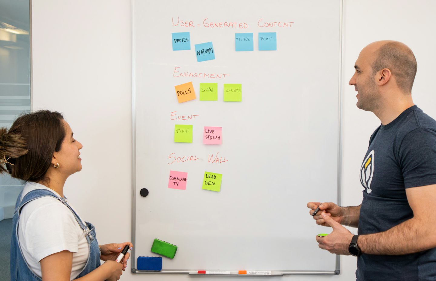 Business professionals brainstorming ideas on a whiteboard.
